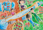 流しそうめんはスリル満点 長野市立城山小学校 五十嵐　文那さん